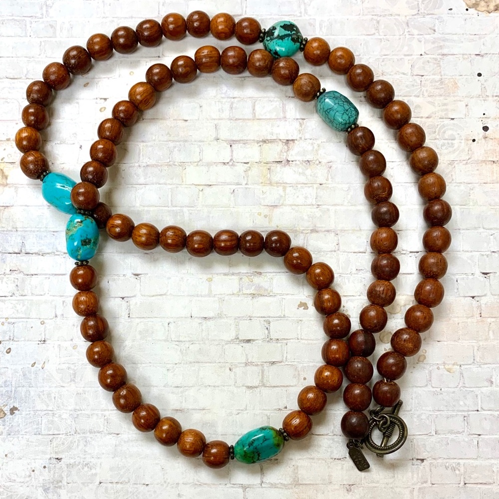 Vintage Peyote Bird Wood Turquoise Long Necklace